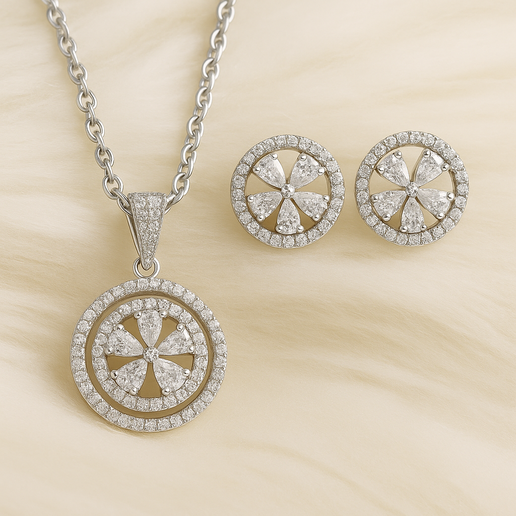 Rhodium Plated Eternal Glow Halo Style Cubic Zirconia Pendant & Stud Earrings Set