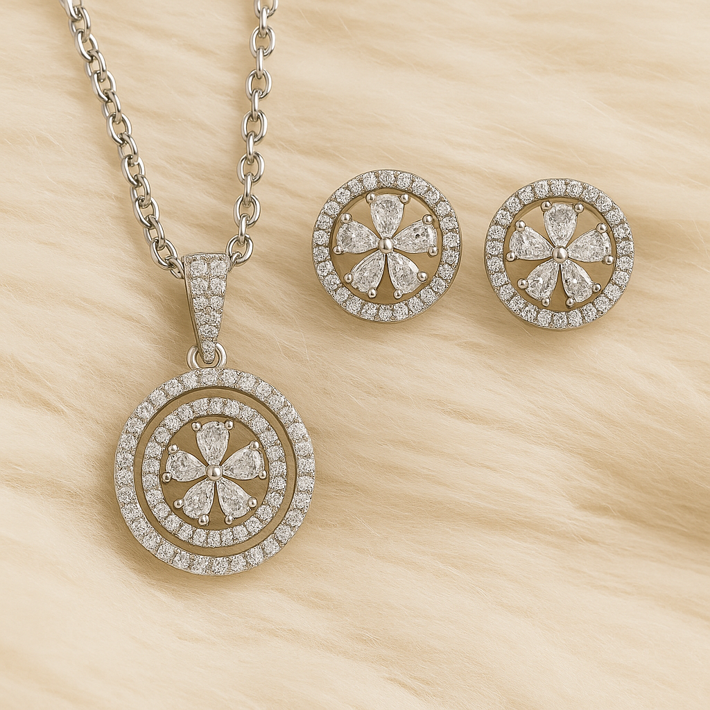 Rhodium Plated Eternal Glow Halo Style Cubic Zirconia Pendant & Stud Earrings Set