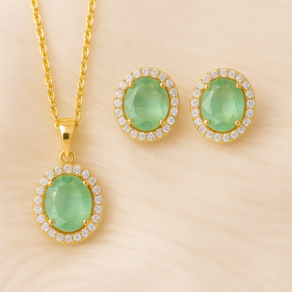 Green Topaz Luxe Gold-Plated Solitaire Halo Pendant & Earrings Set – A Regal Touch of Green