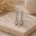 Rhodium Plated Cubic Zirconia Halo Style Drop Earrings