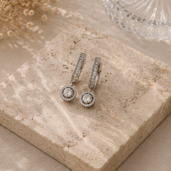 Rhodium Plated Cubic Zirconia Halo Style Drop Earrings