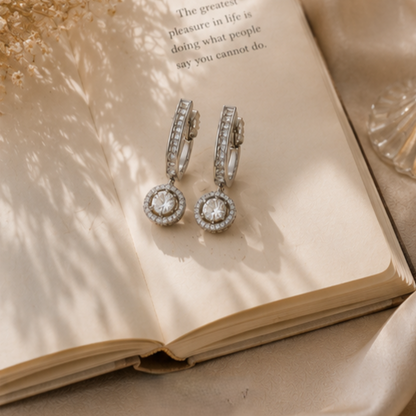 Rhodium Plated Cubic Zirconia Halo Style Drop Earrings