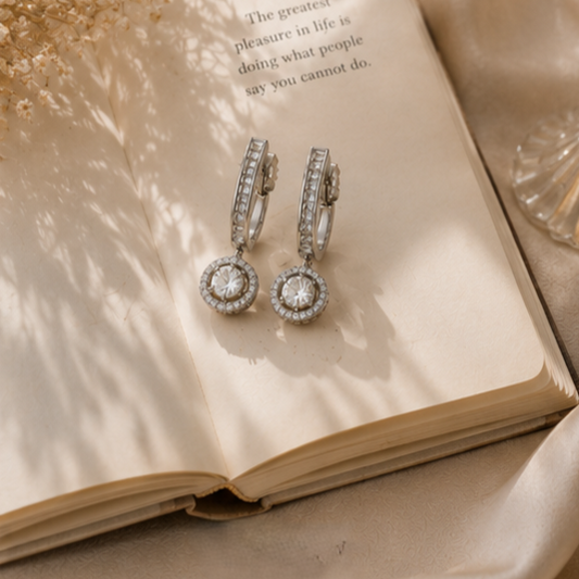 Rhodium Plated Cubic Zirconia Halo Style Drop Earrings