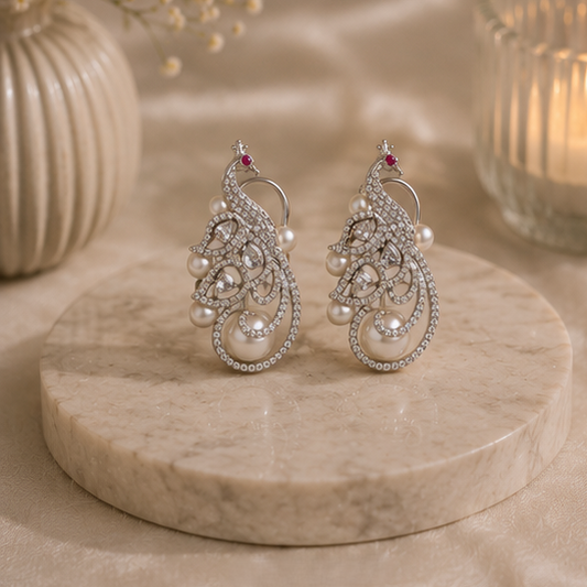 Rhodium Plated Cubic Zirconia Pearl Peacock Drop Earrings