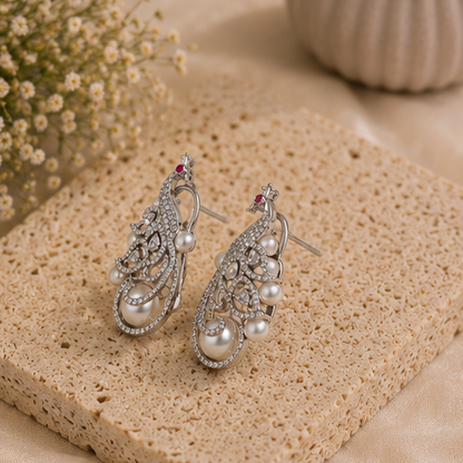 Rhodium Plated Cubic Zirconia Pearl Peacock Drop Earrings