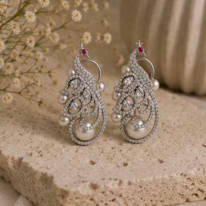 Rhodium Plated Cubic Zirconia Pearl Peacock Drop Earrings