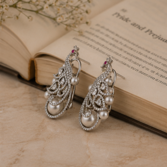 Rhodium Plated Cubic Zirconia Pearl Peacock Drop Earrings