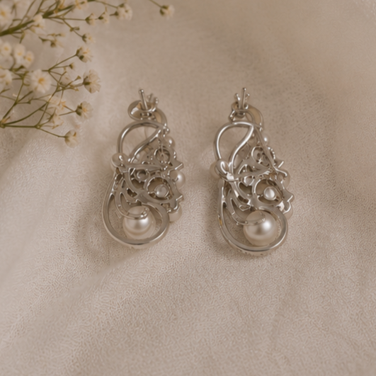 Rhodium Plated Cubic Zirconia Pearl Peacock Drop Earrings