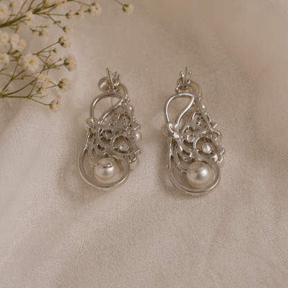 Rhodium Plated Cubic Zirconia Pearl Peacock Drop Earrings
