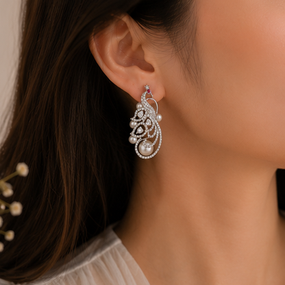 Rhodium Plated Cubic Zirconia Pearl Peacock Drop Earrings