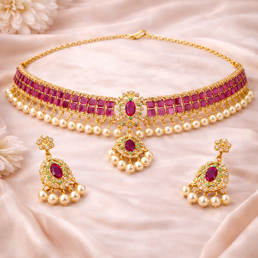 Gold Plated Pink Kundan Semi Cultured Pearl Choker Set