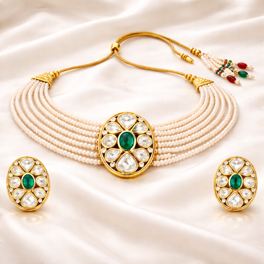 Gold Plated Green Kundan Semi Cultured Pearl Choker Set