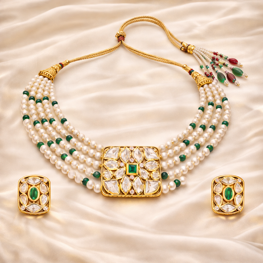 Gold Plated Green Kundan Semi Cultured Pearl Choker Set