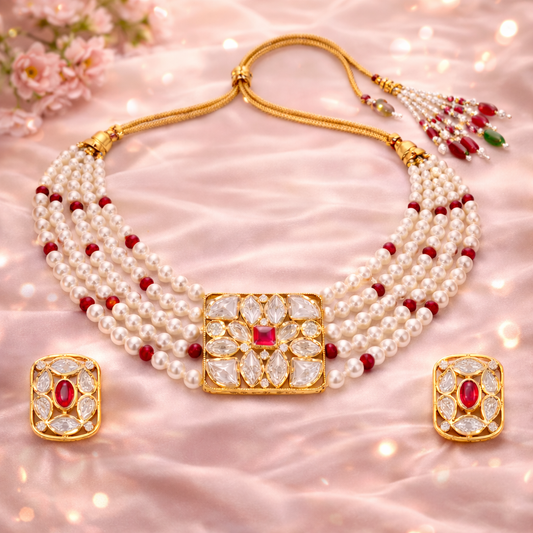 Gold Plated Pink Kundan Semi Cultured Pearl Choker Set