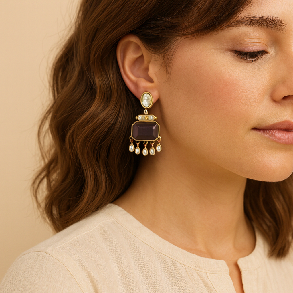 High Quality Gold Plated Blush Pink Kundan and Blue Meenakari Drop Earrings