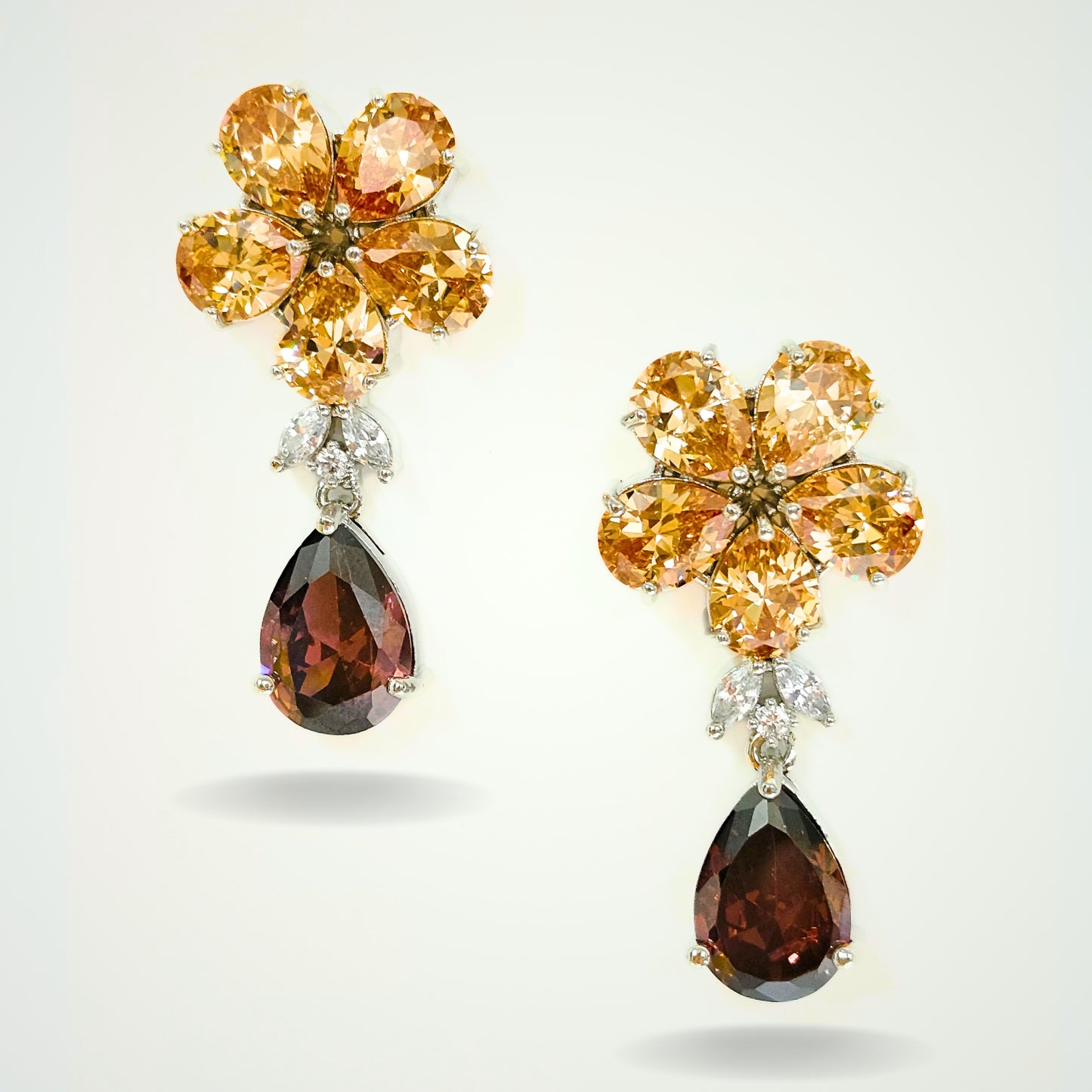 Bdiva Rhodium Plated Champagne  and Garnet Gemstone Flower Design Dangle Earring
