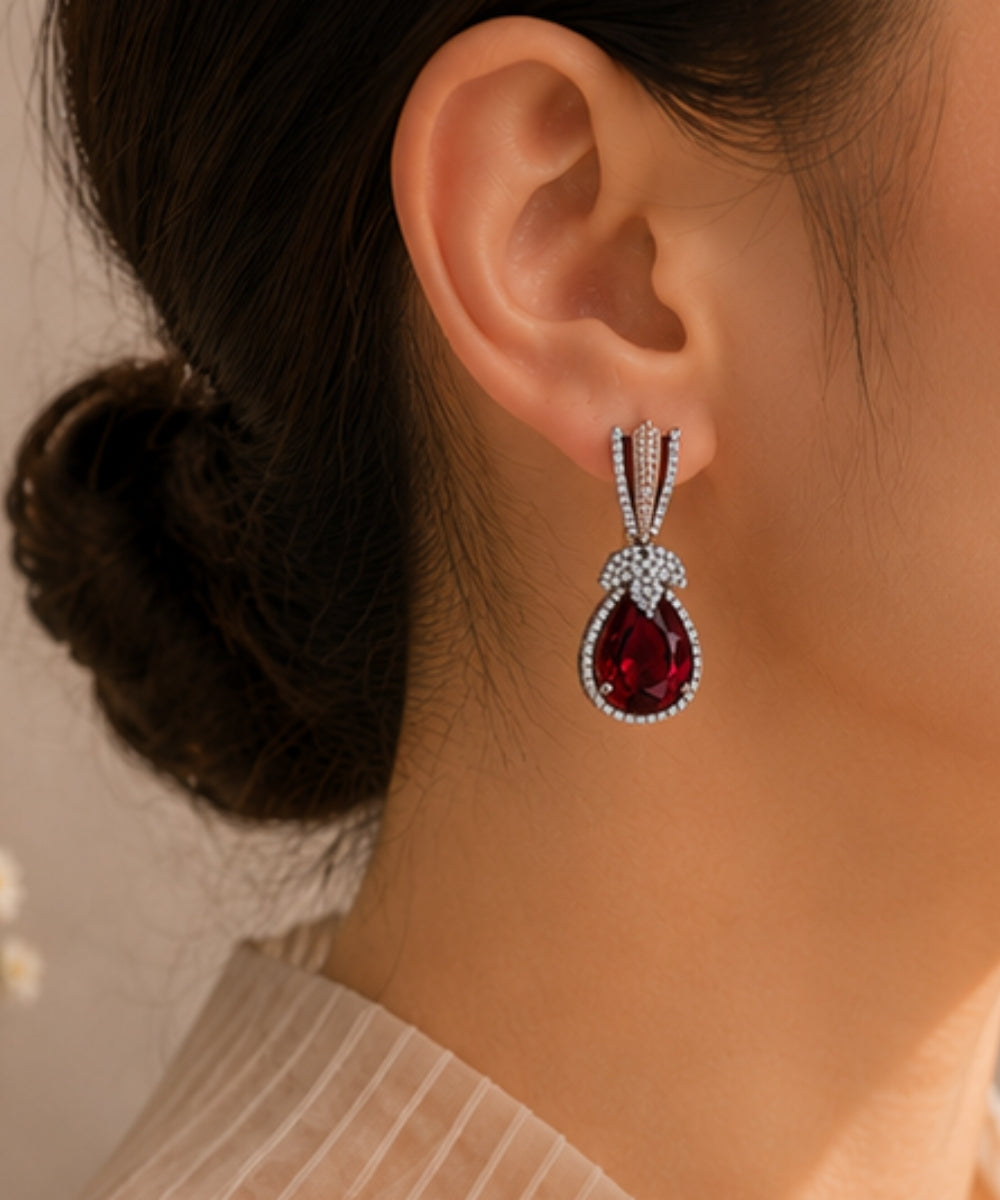Rhodium Plated Halo Style Red Zirconia Drop Earrings