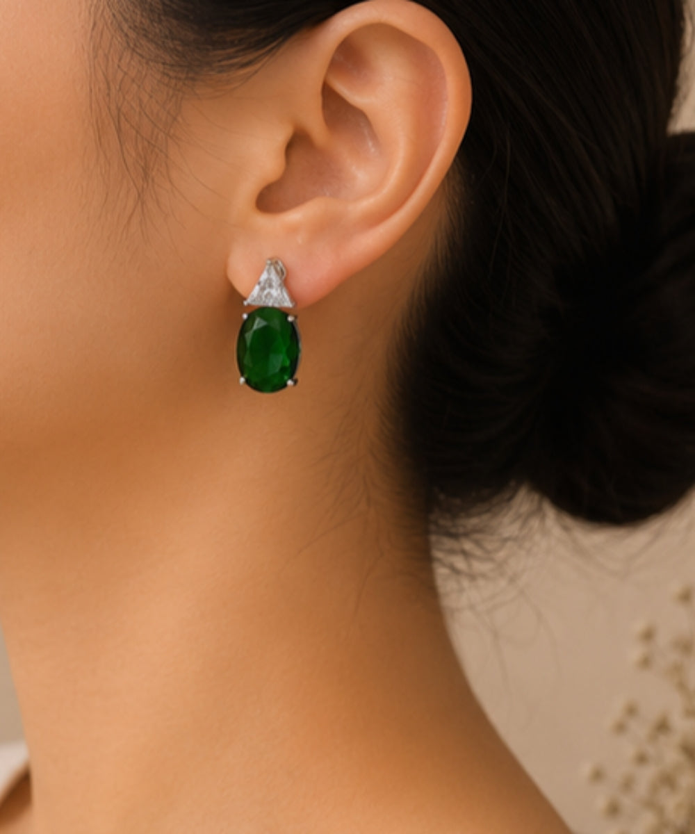 Rhodium Plated Green Stone Cubic Zirconia Drop Earrings