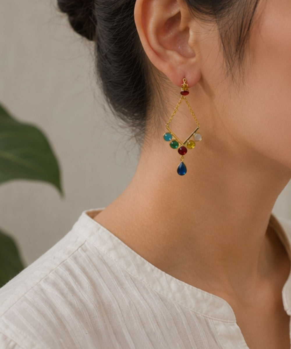 Gold Plated Multi Color Cubic Zirconia Drop Earrings