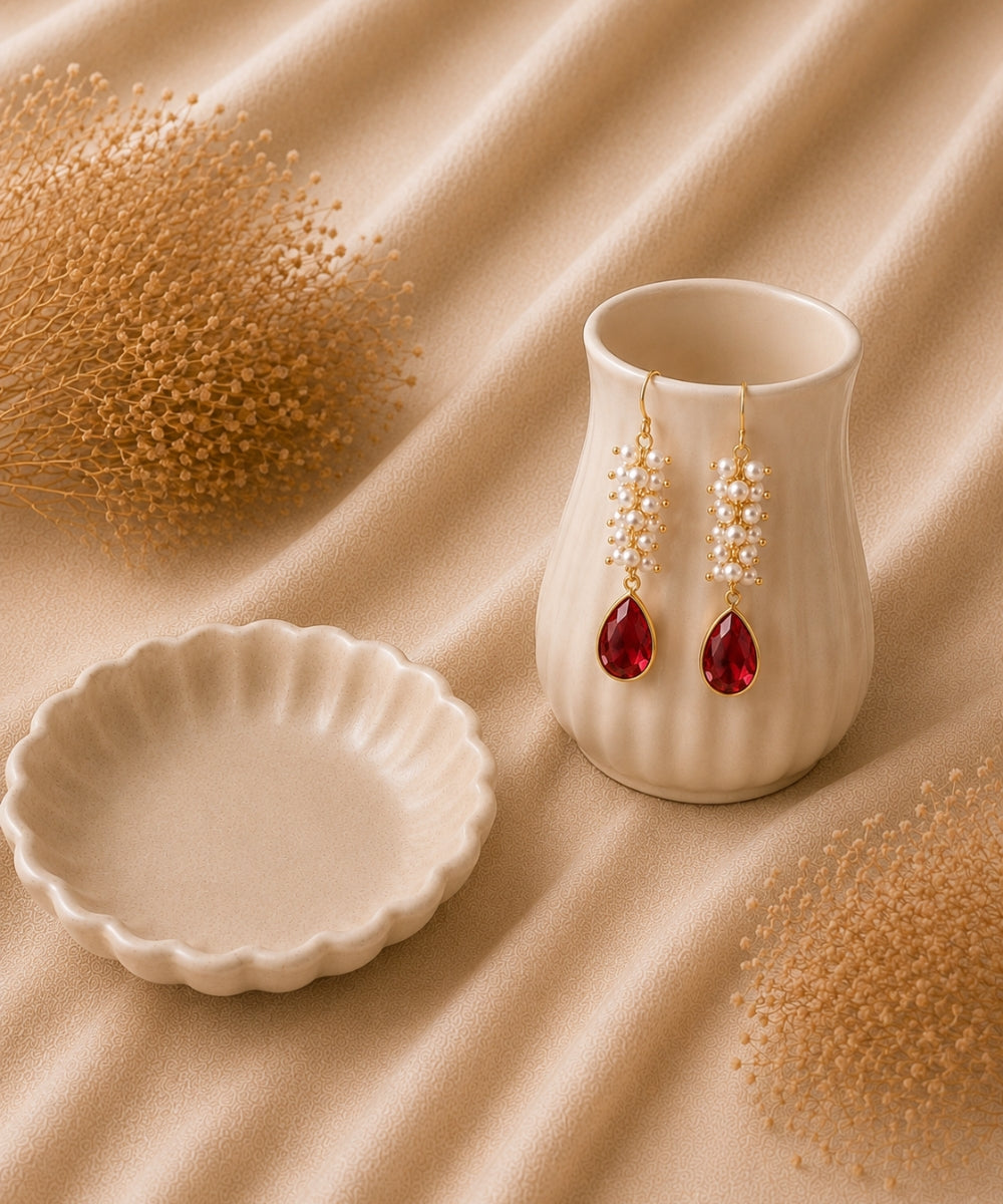 Gold Plated Red Cubic Zirconia Drop Earrings
