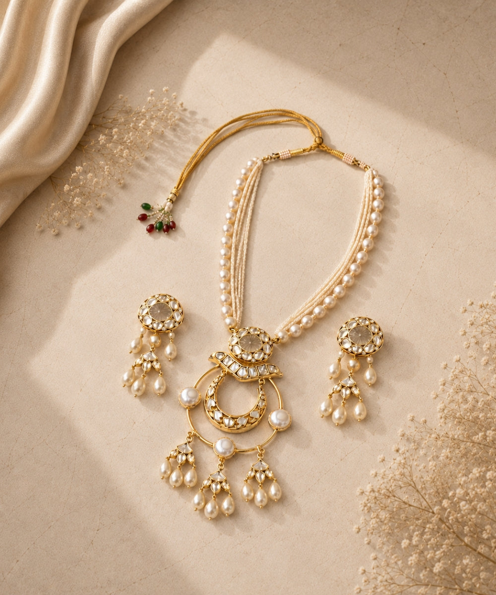 Gold Plated Kundan & Semi Cultured Pearl Choker Set with Dangle Earrings