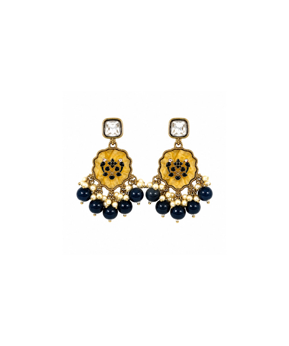 Gold Plated Kundan Navy Blue Pearl Drop Earrings