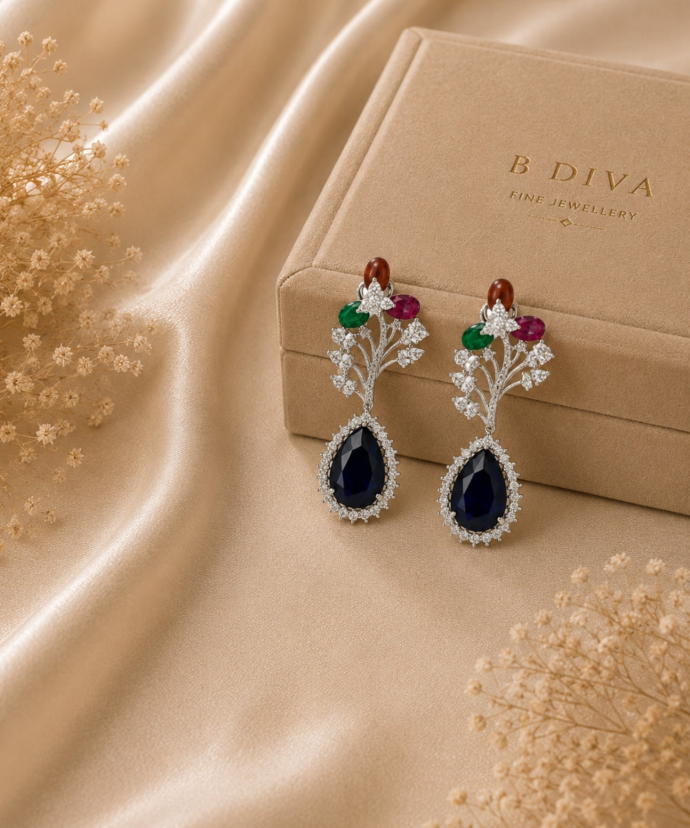 Rhodium Plated Halo Style Cubic Zirconia Drop Earrings