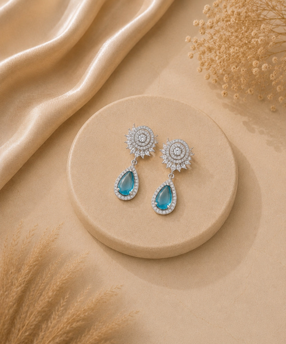 Rhodium Plated Blue Cubic Zirconia Drop Earrings