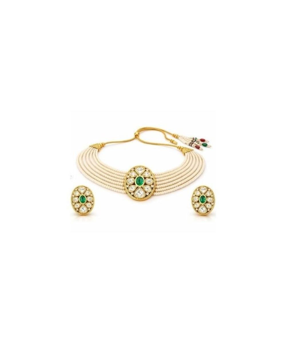 Gold Plated Green Kundan Semi Cultured Pearl Choker Set