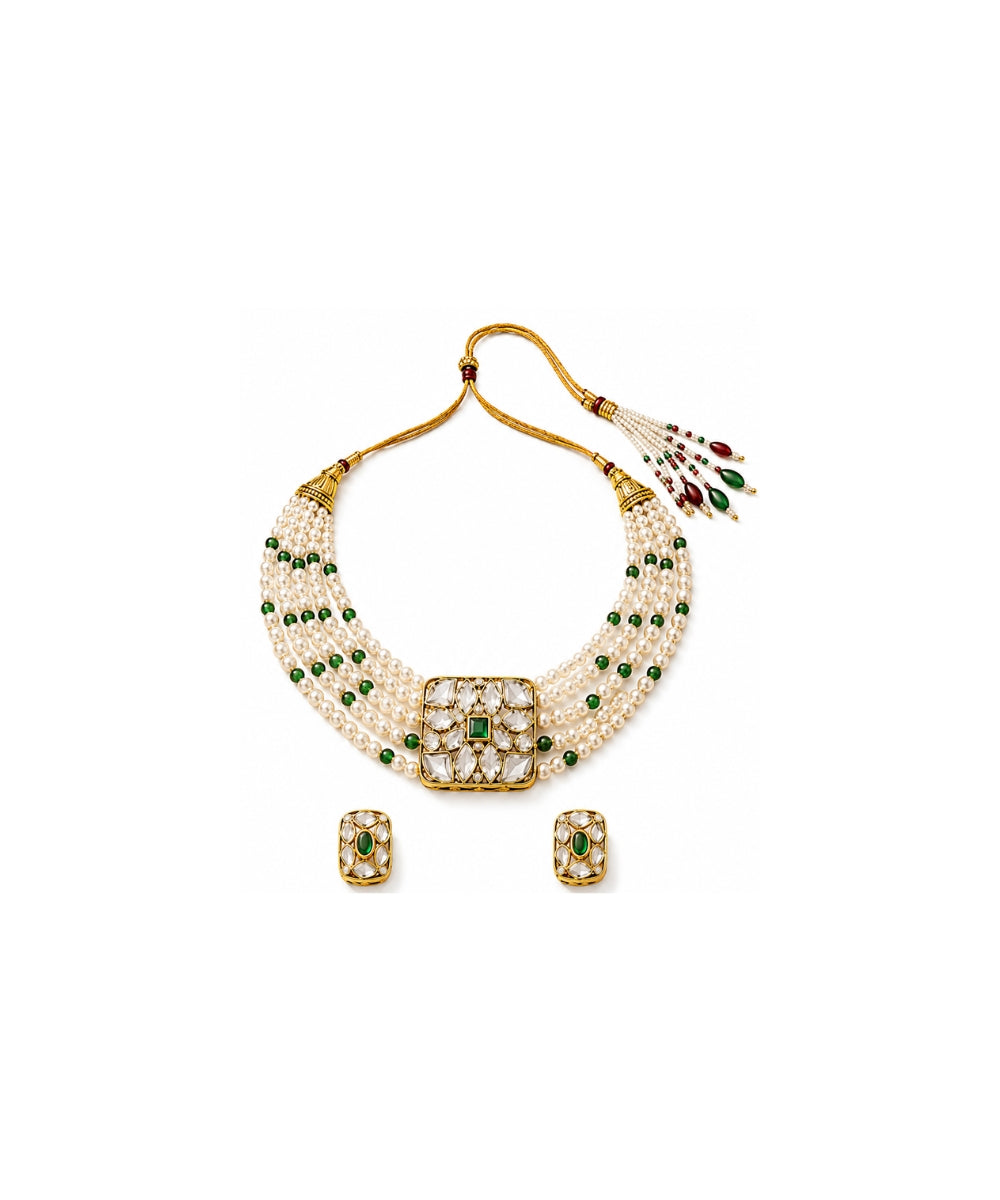 Gold Plated Green Kundan Semi Cultured Pearl Choker Set