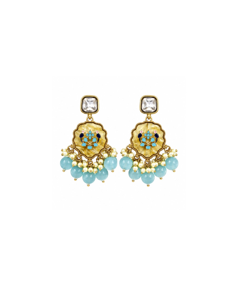 Gold Plated Kundan Blue Pearl Drop Earrings