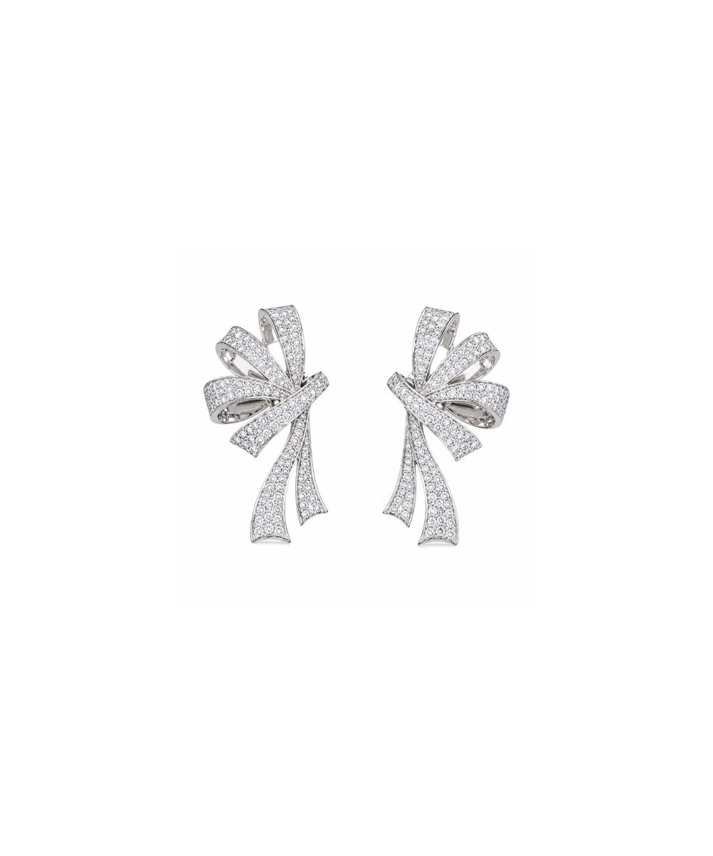 Rhodium Plated Cubic Zirconia Bow Style Drop Earrings