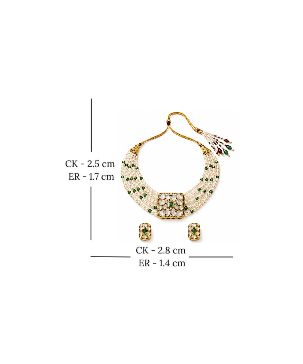 Gold Plated Green Kundan Semi Cultured Pearl Choker Set
