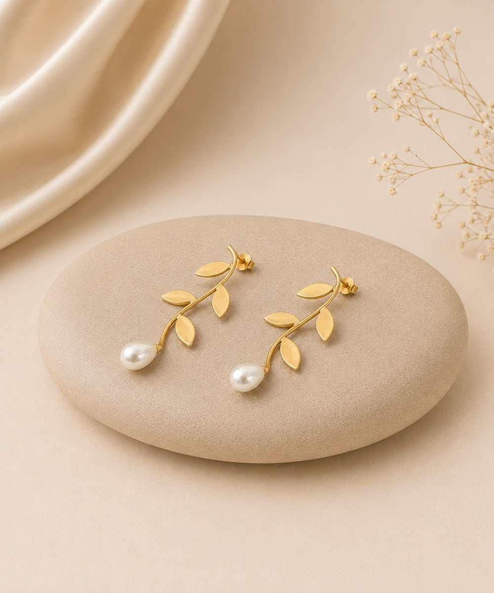 Gold-Plated Leaf Pearl Drop Earrings