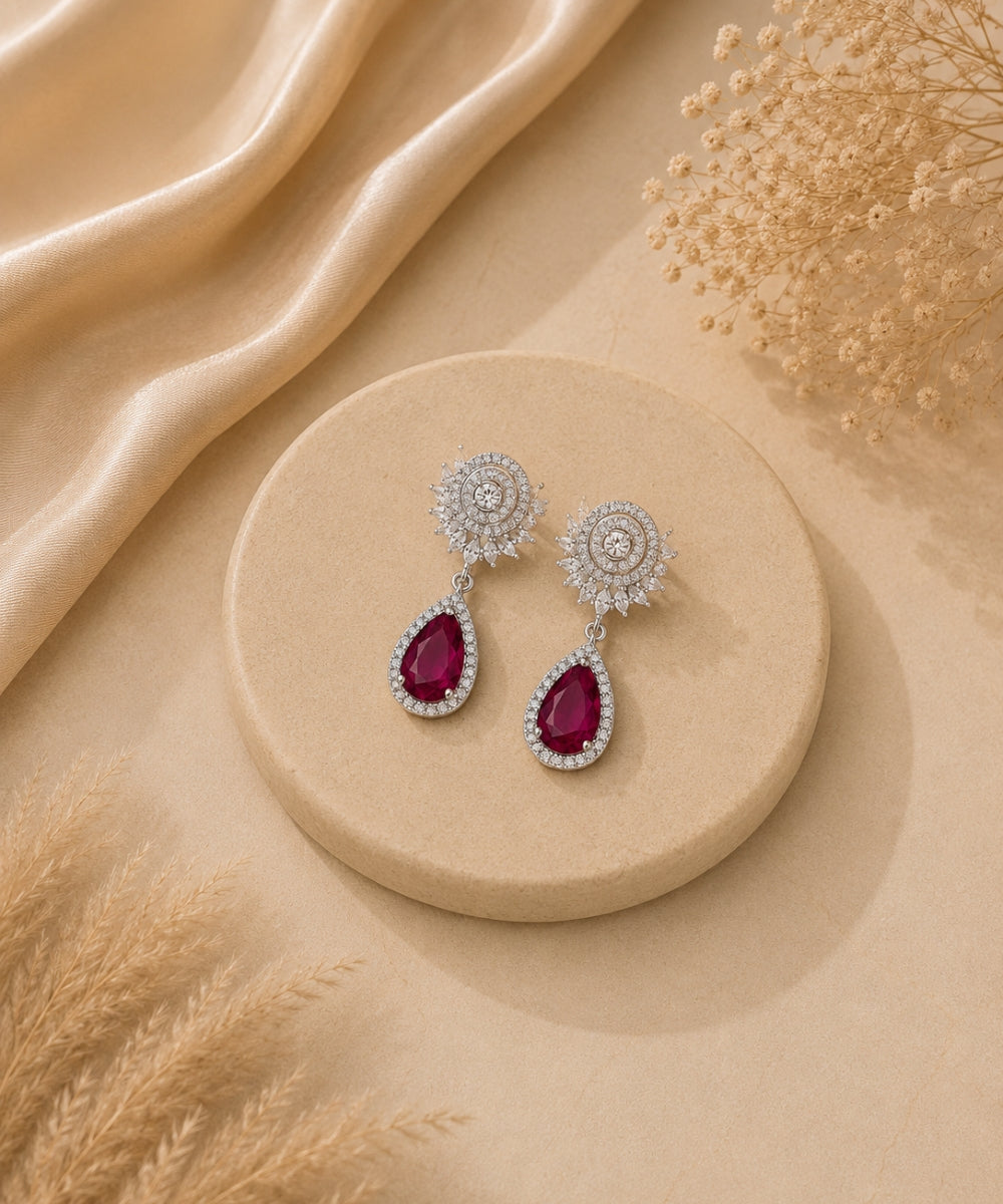 Rhodium Plated Pink Cubic Zirconia Drop Earrings