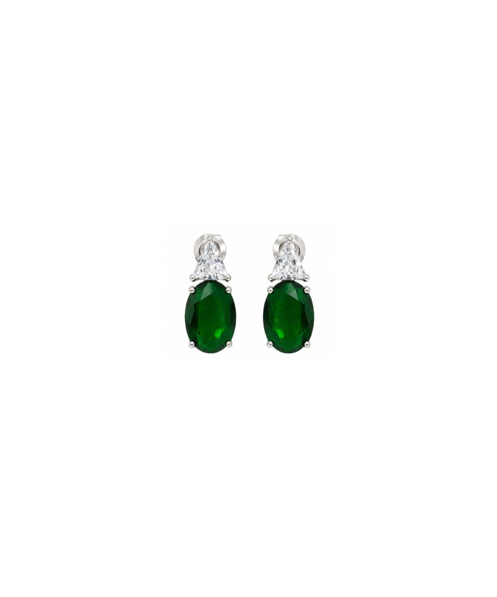 Rhodium Plated Green Stone Cubic Zirconia Drop Earrings