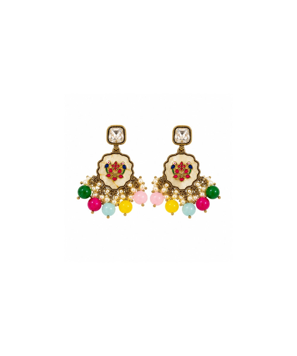 Gold Plated Kundan Multi Color Pearl Drop Earrings