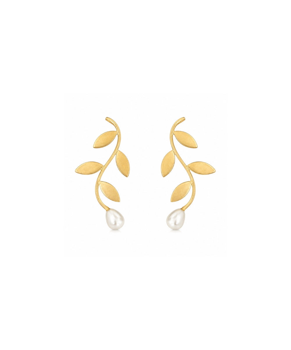 Gold-Plated Leaf Pearl Drop Earrings