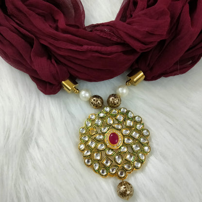 Maroon Georgette Scarf With Kundan Motif