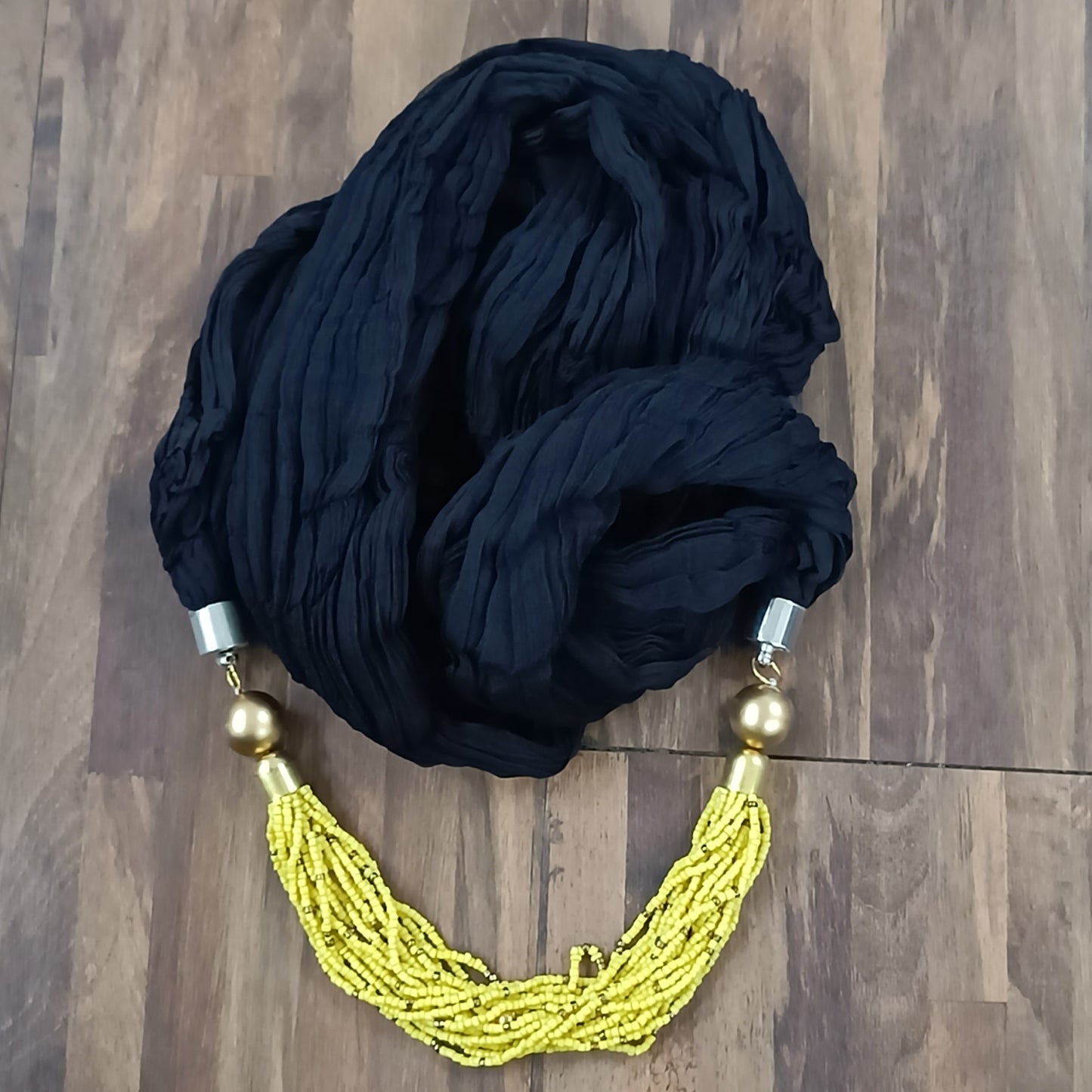 Bdiva Handmade Black Scarf With Yellow Colored Seed Beads Necklace.