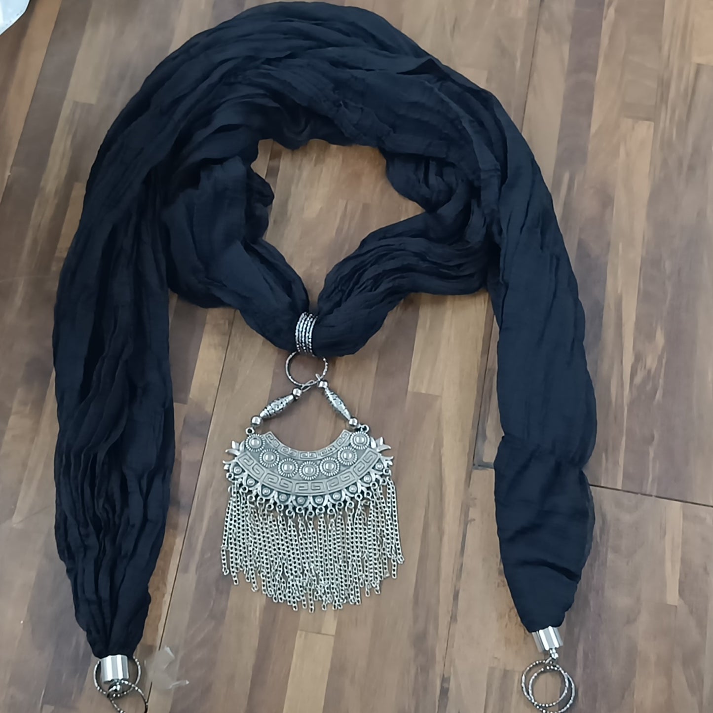 Bdiva Black Georgette Scarf With Indian Jewelry And Oxidised Motif