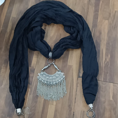 Black Georgette Scarf With Oxidized Motif