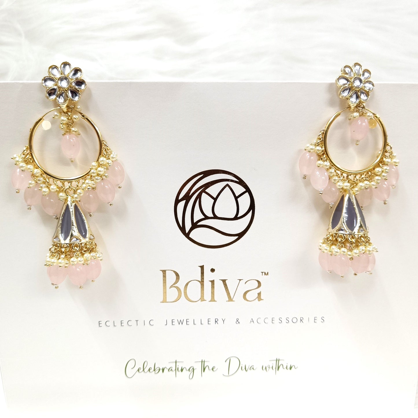Bdiva 18K Gold Plated Rose Quarts Chandbali Earrings with Semi Cultured Pearls