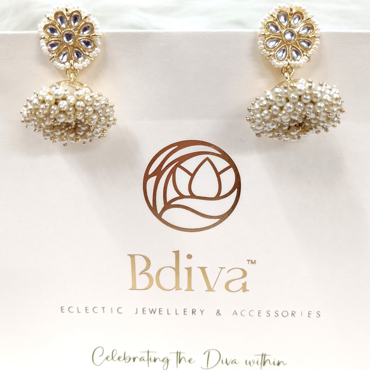 Bdiva 18K Gold Plated Kundan Jhumka Earrings with Semi Cultured Pearls