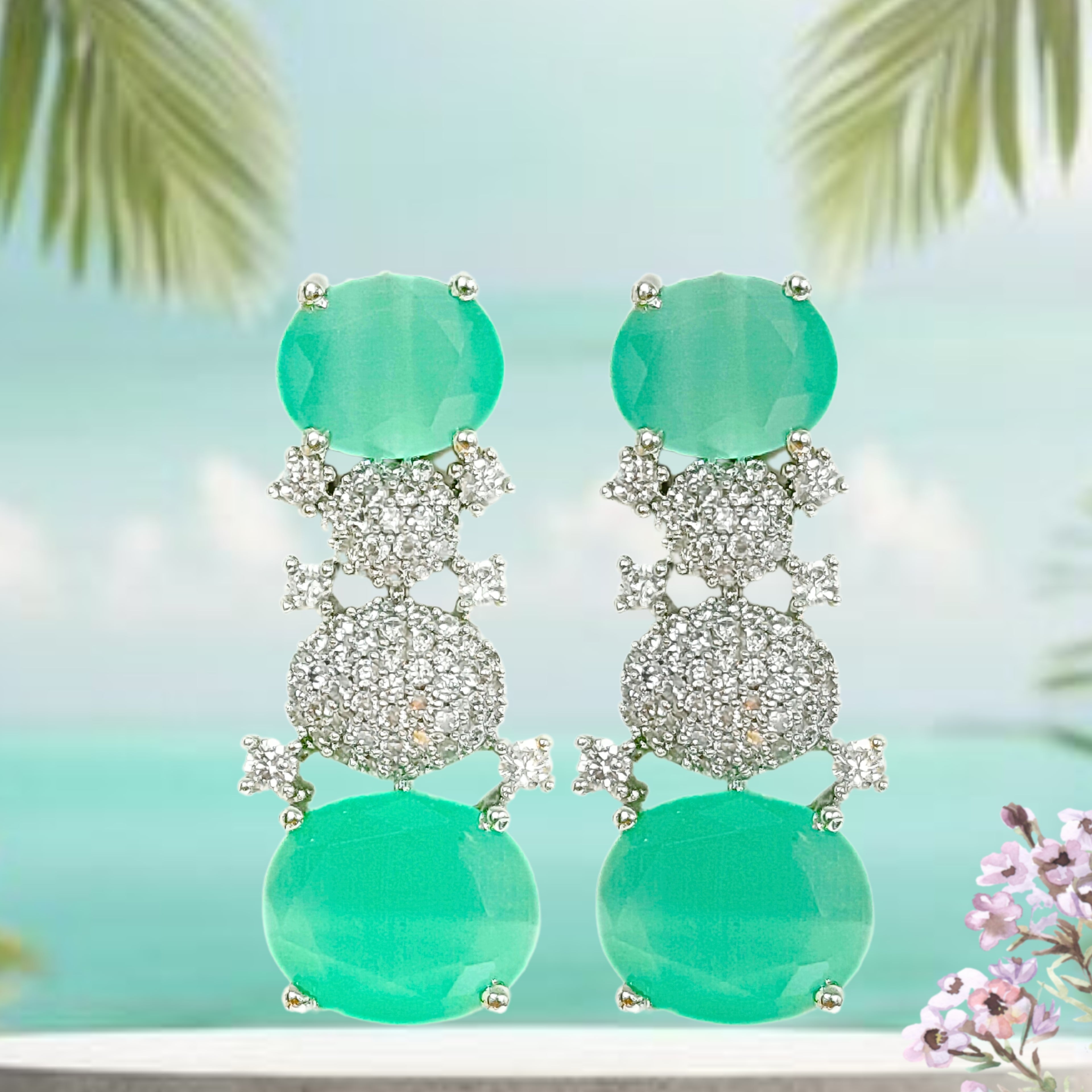 Rhodium Plated Green Stone Earrings