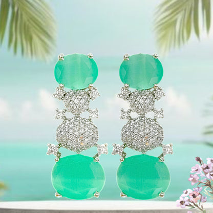 Rhodium Plated Green Stone Earrings