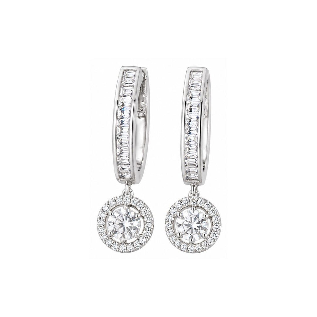 Rhodium Plated Cubic Zirconia Halo Style Drop Earrings