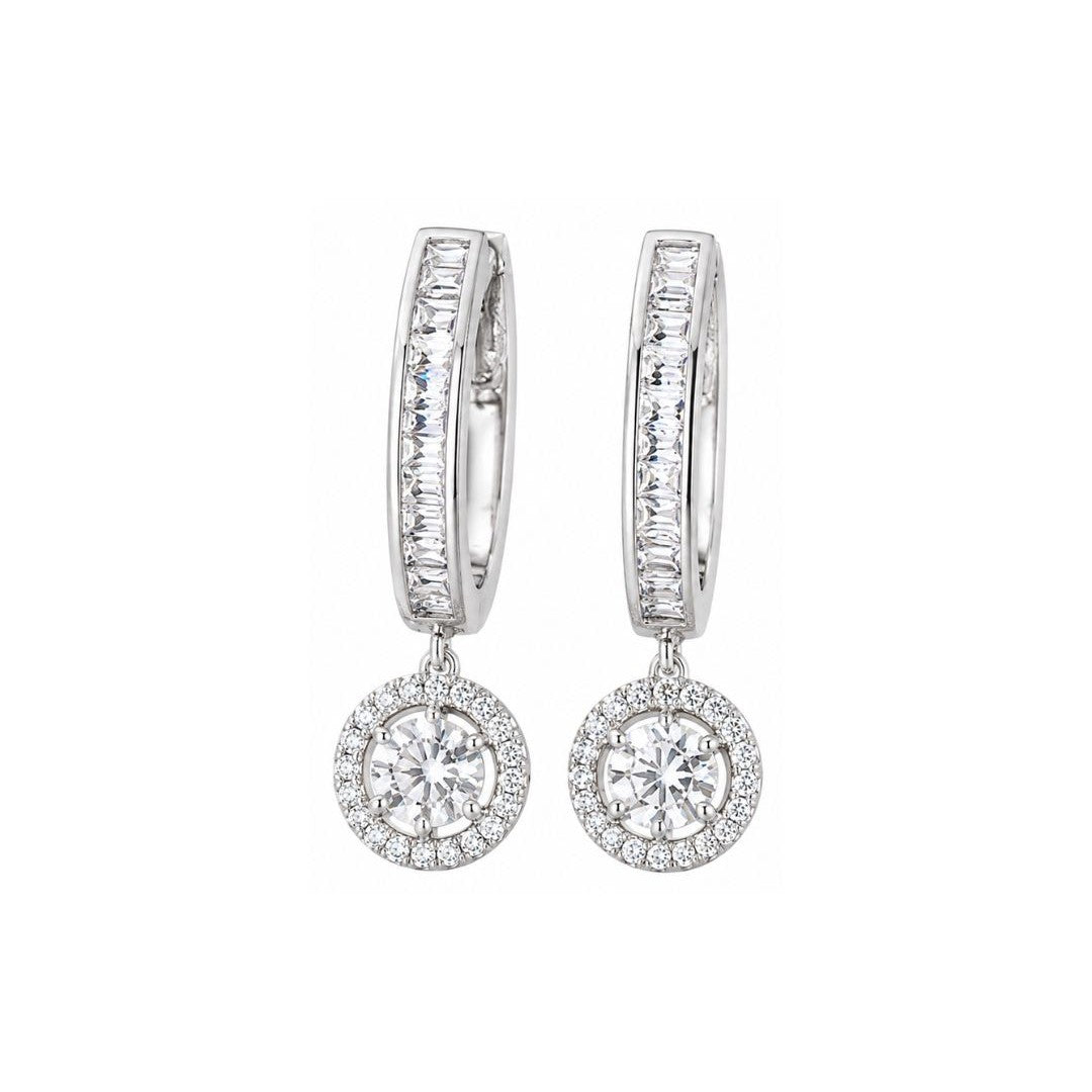 Rhodium Plated Cubic Zirconia Halo Style Drop Earrings