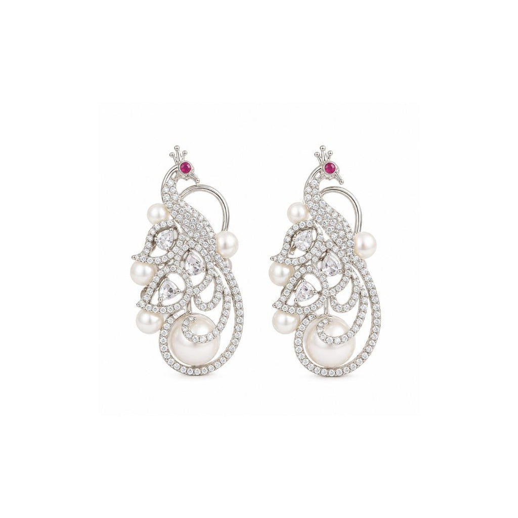 Rhodium Plated Cubic Zirconia Pearl Peacock Drop Earrings