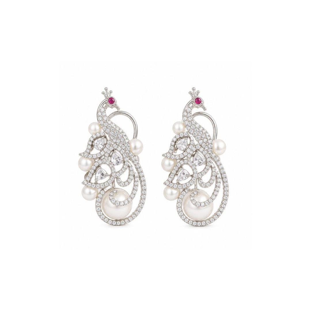 Rhodium Plated Cubic Zirconia Pearl Peacock Drop Earrings